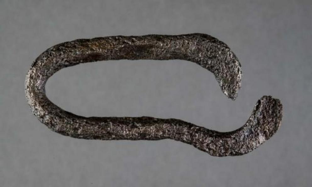 This piece of chain link has been pried apart and its edges sharpened. The Spanish brought reams of chains with which to hold Native Americans as captives and porters.