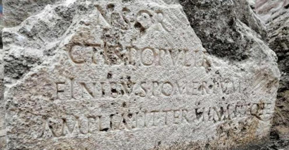 A closeup of the inscription on the rare pomerial boundary stone recently found in Rome, Italy.