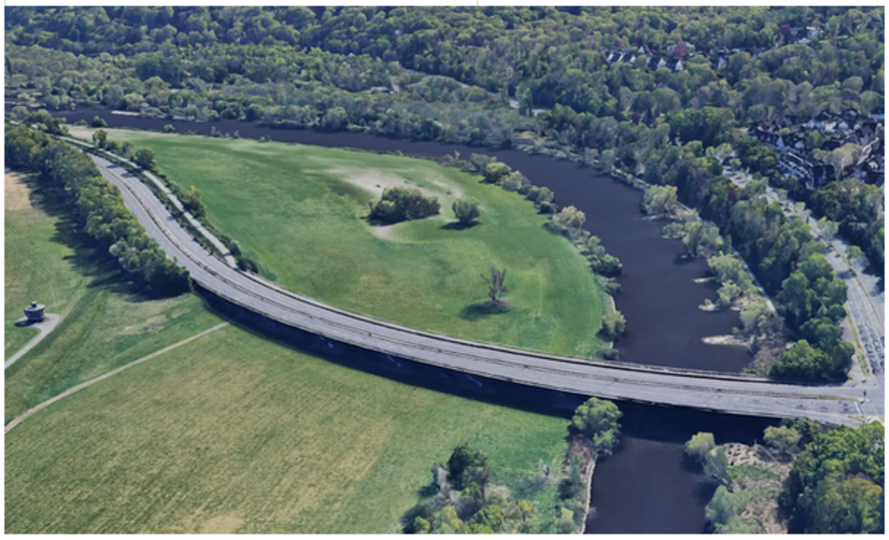 The Ruhr river in Essen, North Rhine-Westphalia, before and after the flooding.