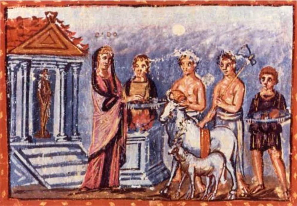 Dido’s sacrifice in Virgil’s Aeneid, one of the miniatures in the Vergilius Vaticanus.