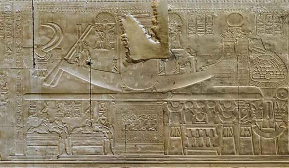 Carving at the Abydos temple of Pharaoh Seti I, depicting Ra-Horakhty and his sacred solar boat