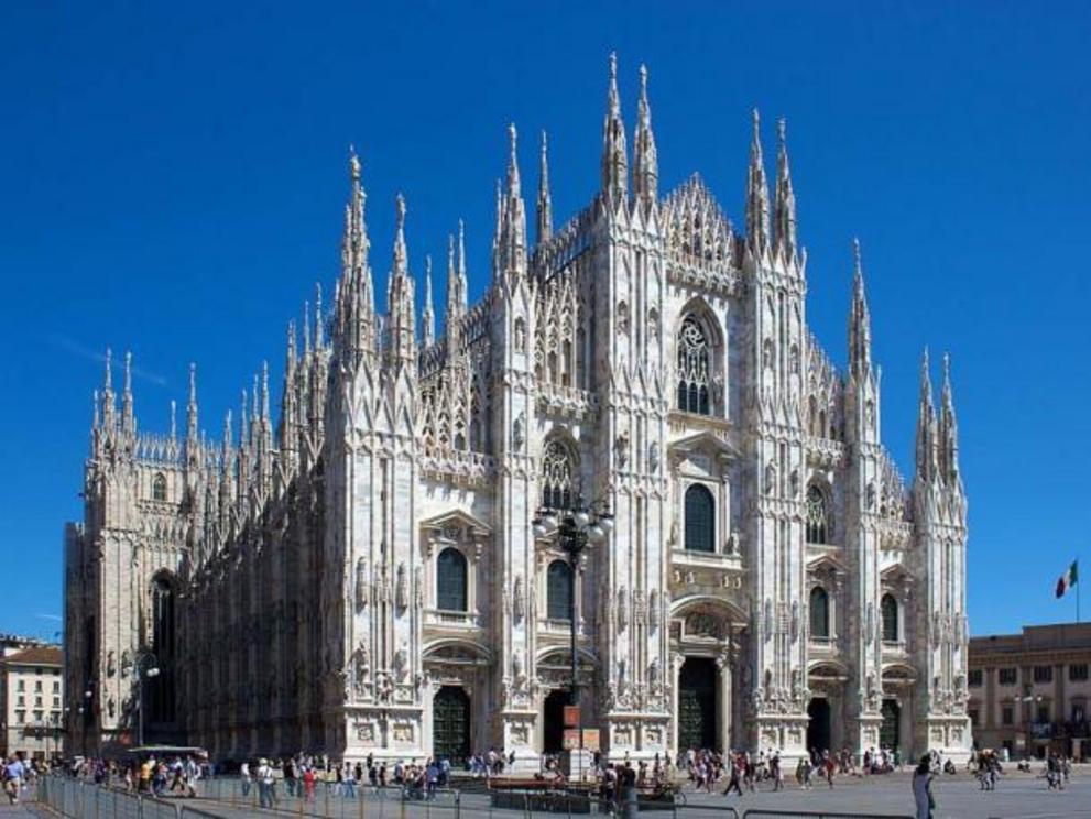 Milan Cathedral viewed from the city’s central Piazza del Duomo. Dacius, the Bishop of Milan was an  instrumental figure in the events that led to the tragic outcomes of the Massacre of Milan.