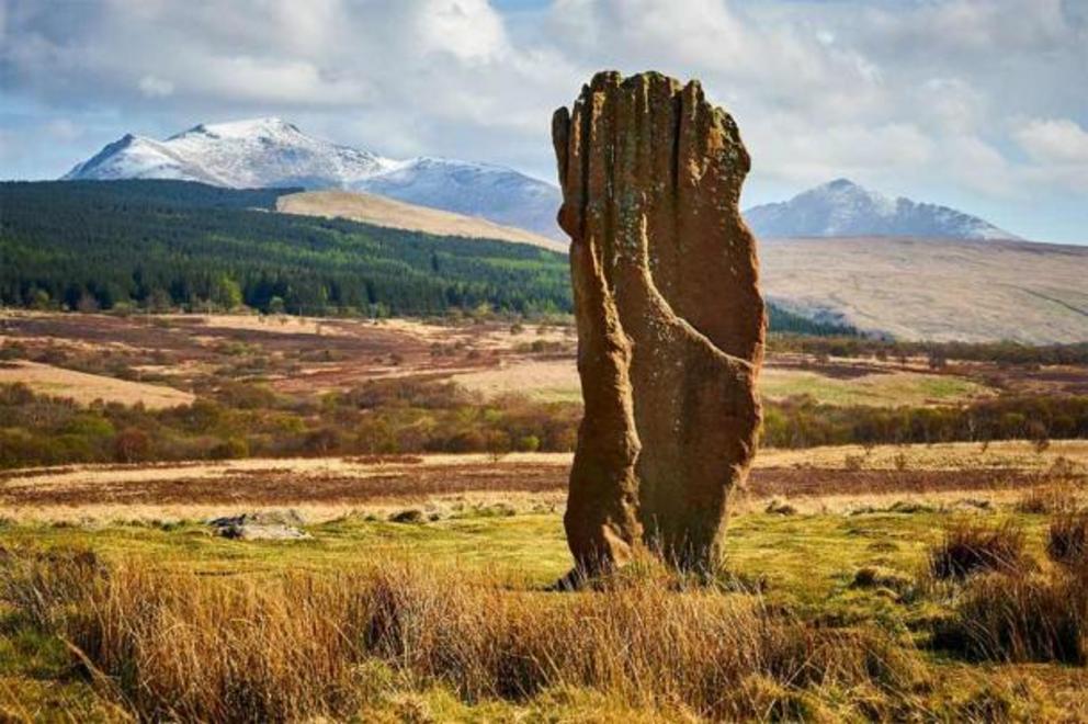 A Neolithic standing stone on Machrie Moor which can be viewed from the top of Drumadoon Point.