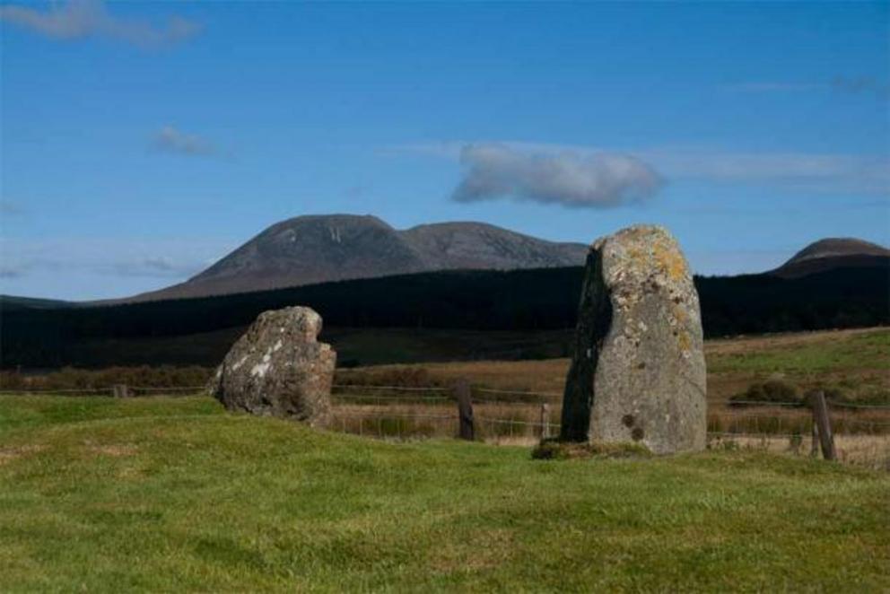 A typical scene on the west side of the Isle of Arran: two megalithic standing stones surrounded by fertile agricultural fields.