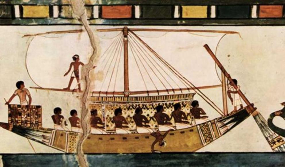 Stern-mounted steering oar of an Egyptian riverboat.