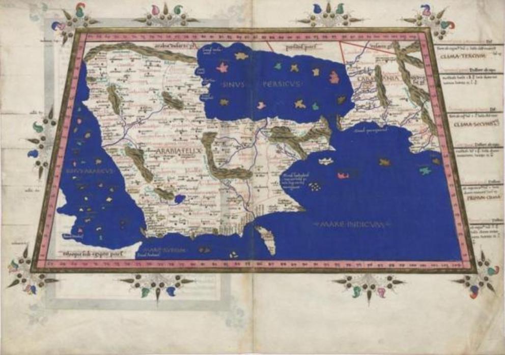 Early map of Arabian Peninsula dated 1467 based on Ptolemy’s Cosmographia of 150 AD, showing two rivers flowing out of the Rub al Khali desert, north and south.