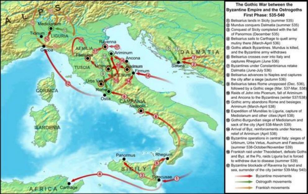 Map of the operations of the first phase of the Gothic War, covering the period from the first Byzantine attacks in 535 AD until the fall of Ravenna in 540 and the recall of general Belisarius.