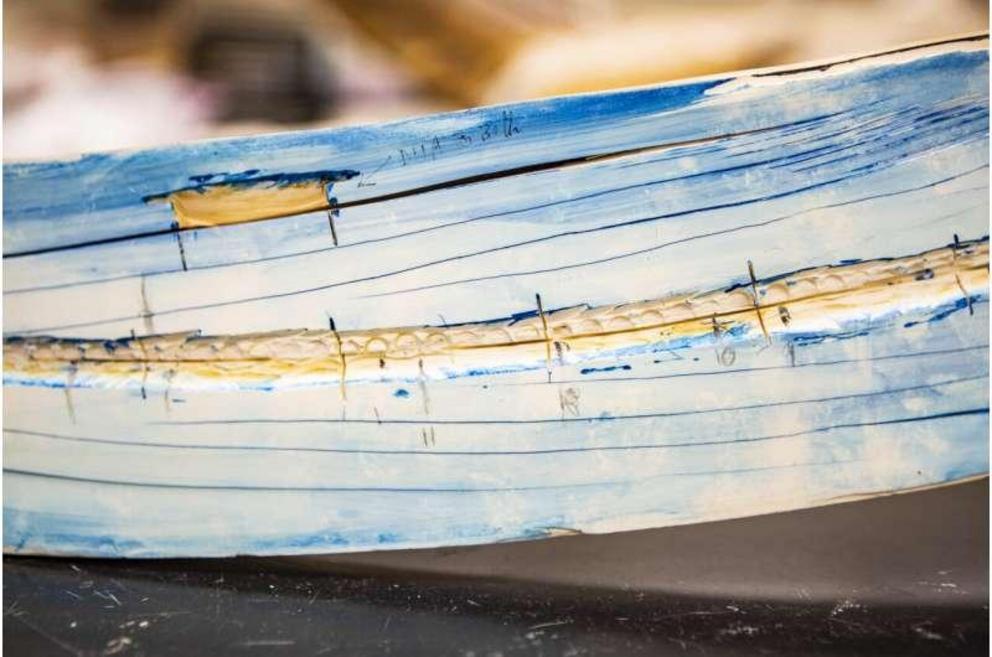 A close-up view shows a split mammoth tusk at the Alaska Stable Isotope Facility. Blue stain is used to reveal growth lines. Samples were taken along the tusk using lasers and other techniques, allowing isotope analysis that provided a record of the mammo