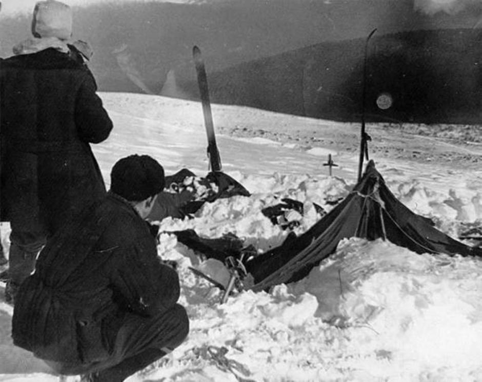 A view of the tent as the rescuers found it on Feb. 26, 1959. The tent had been cut open from inside, and most of the skiers had fled in socks or barefoot. Photo taken by Soviet authorities at the camp of the Dyatlov Pass incident and annexed to the legal