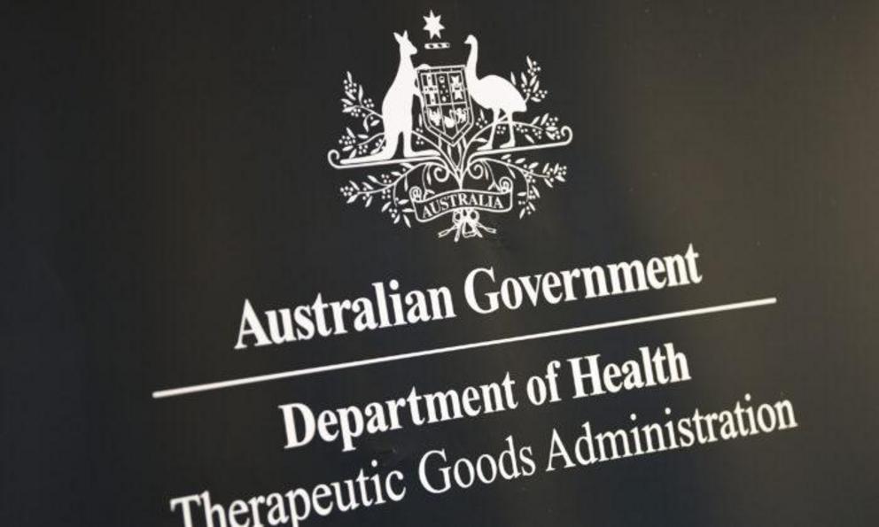 The logo of the Therapeutic Goods Administration is seen at a COVID-19 vaccines press conference in Canberra, Australia, on May 6, 2021. (AAP Image/Lukas Coch)