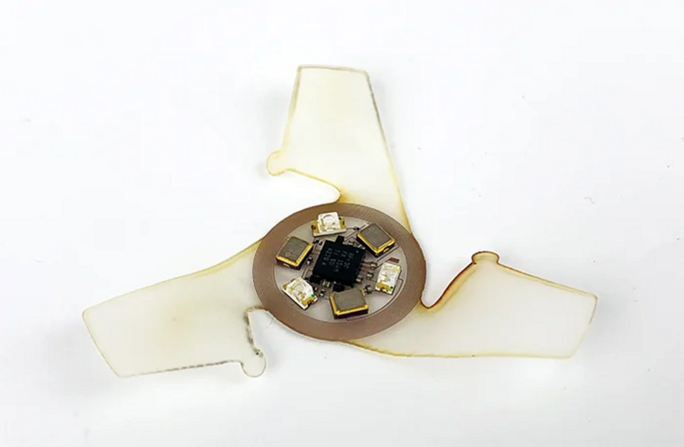 Top of a larger microflier with coil antenna and sensors to detect ultraviolet rays.