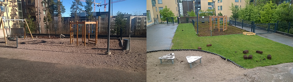 One daycare before (left) and after introducing grass and planters (right).