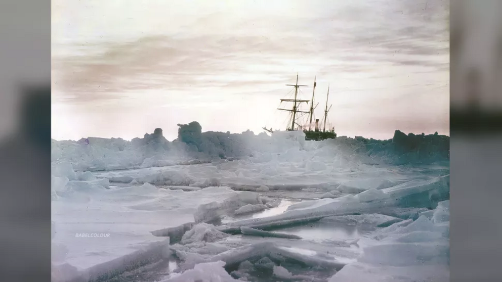 This color-enhanced photograph taken by Hurley and retouched by Stuart Humphryes shows the unrest of the ice. Driven by waves and wind, the ice creaked around the ship throughout the winter. The danger only heightened in the spring, when huge slabs of ice