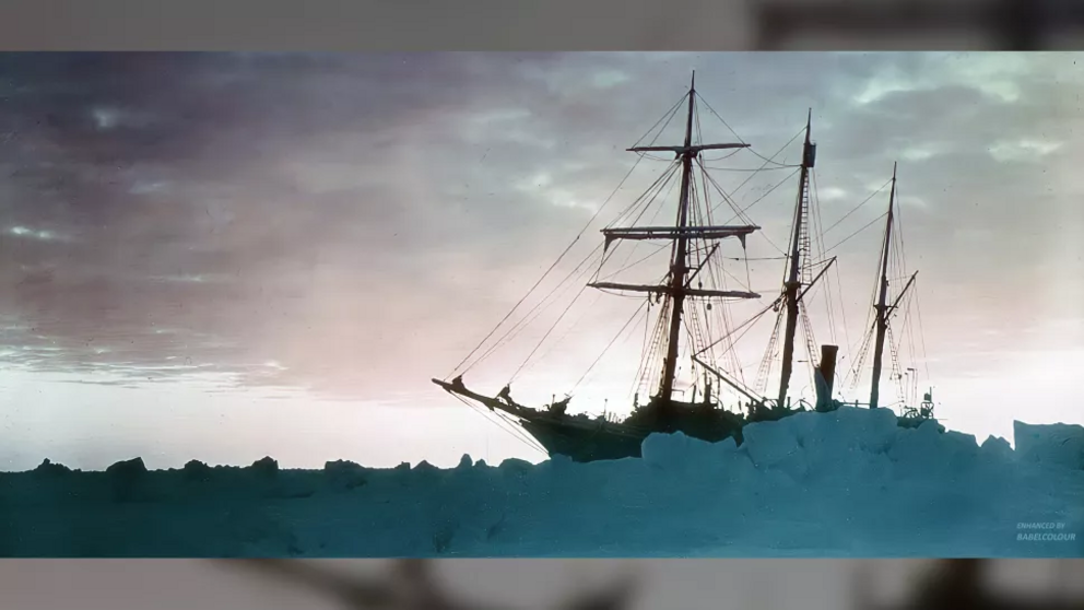 The Endurance against a pale Antarctic sky, stuck in the pack ice. Shackleton's voyage went down in history as being uniquely disastrous and surprisingly successful all at once. Despite losing the ship and enduring almost unthinkable conditions, the crew 