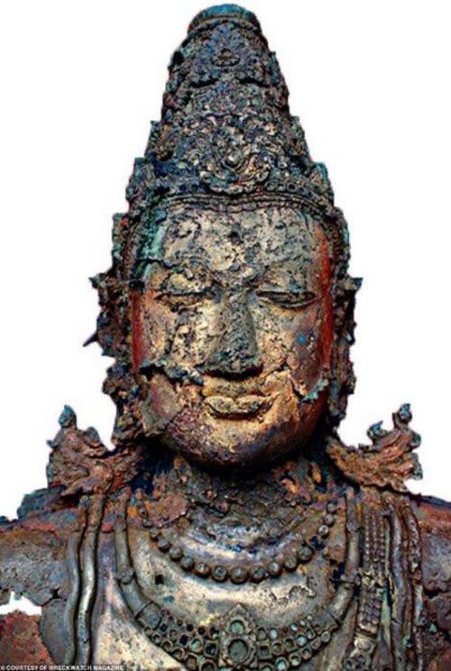 Life-size bronze Buddhist statue, studded with precious gems, which was hauled up by fishermen in the Musi River. Could this priceless artifact lead archaeologists to the long-lost Island of Gold?