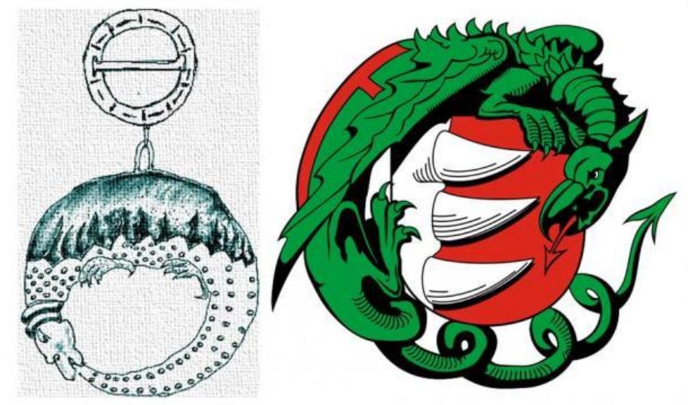 Left: Reconstruction of the emblem based on sketches found at the Austrian Museum. Right: Coat of arms of Elizabeth Báthory inspired by the symbols of the Order of the Dragon.