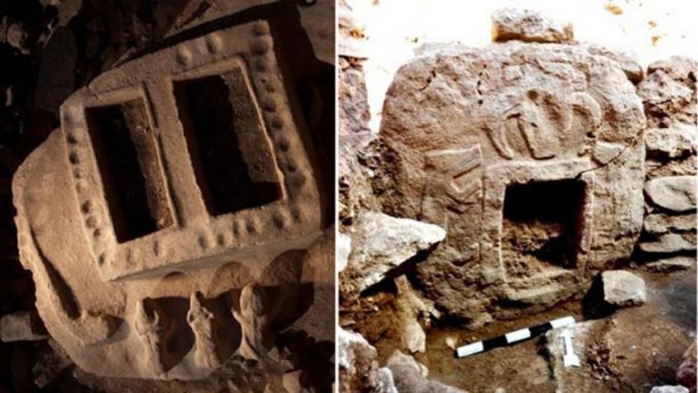 Left: Rectangular doorway found at Gobekli Tepe, through which carnivores entered the pit to consume the corpse. Right: Portal stone located at Gobekli Tepe.