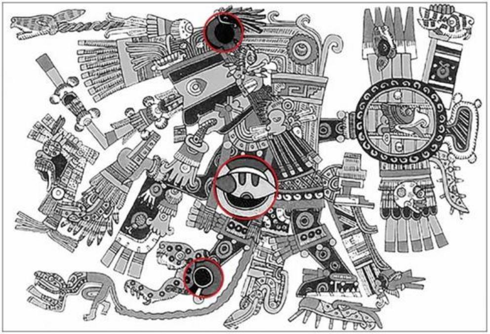 Tezcatlipoca, lord of the smoking mirror, with circular obsidian mirrors on his temple, his chest and his foot highlighted