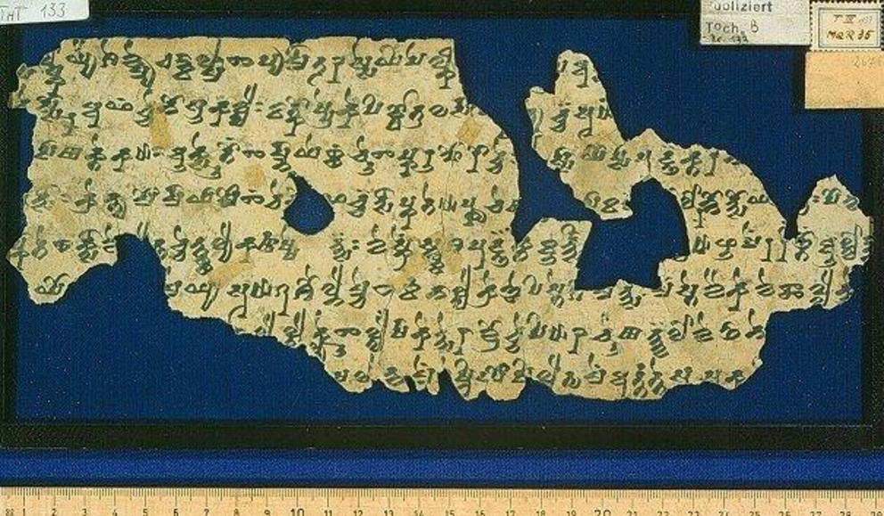 A fragment of Tocharian B from a Buddhist kingdom at Tarim Basin edge.