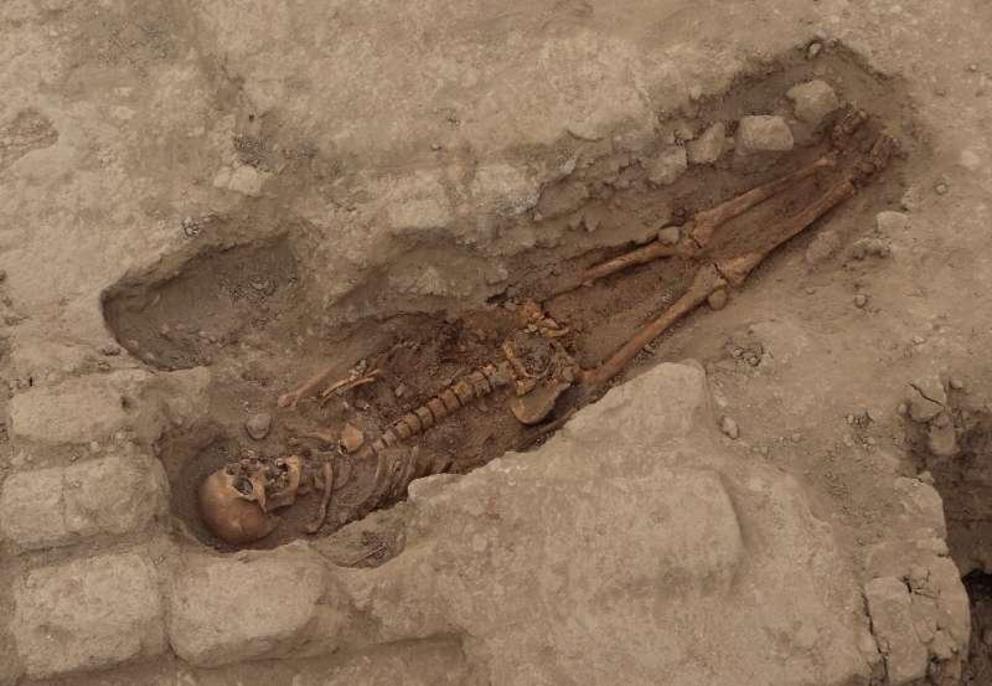 Undated handout picture released by the Royal Tombs of Sipan Museum of one of the 29 human remains discovered at an ancient ceremonial site in Lambayeque.