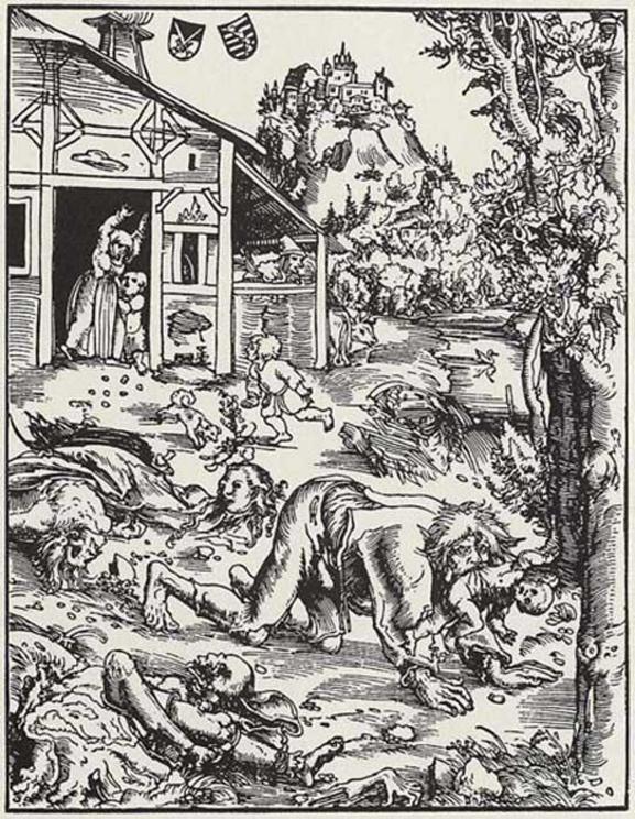 Woodcut by Lucas Cranach the Elder, 1512, of a werewolf ravaging a town and carrying off babies.