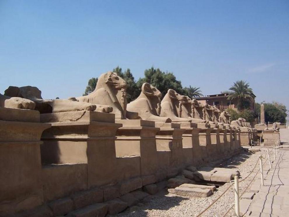 Avenue of the sphinxes or criosphinxes leading to the Karnak Temple Complex at Luxor, Egypt.