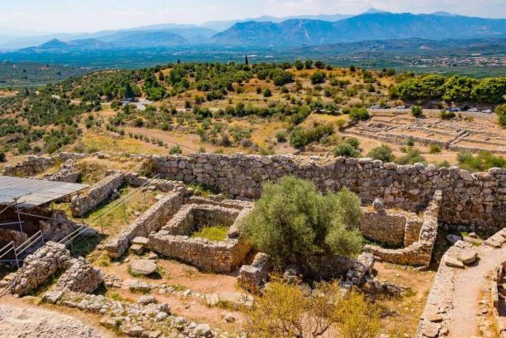 The citadel of Mycenae , overlooking the valley.  Peloponnese, Greece.