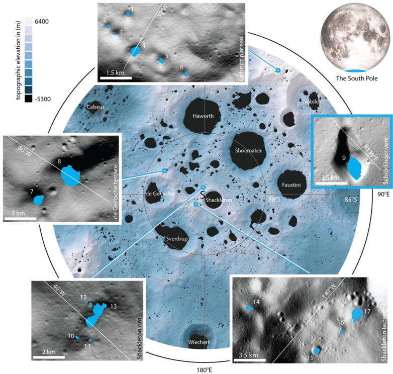 Some of the craters at the lunar south pole that were part of the study.