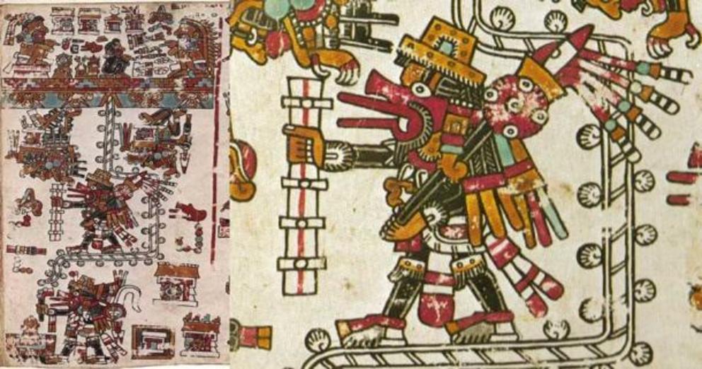 Ehecoatl-Quetzalcóatl descending a ladder from a celestial platform from the Codex Vindobonensis, with a closeup of the ladder on the right.