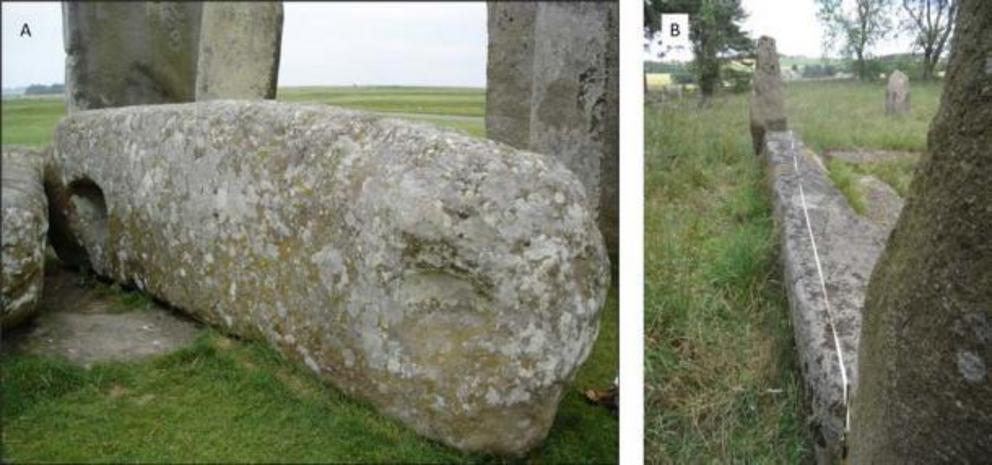 Figure 5. (a) Stonehenge’s Altar Stone is now buried underneath a fallen lintel stone (b) Looking northwards along the Sunhoney recumbent stone.