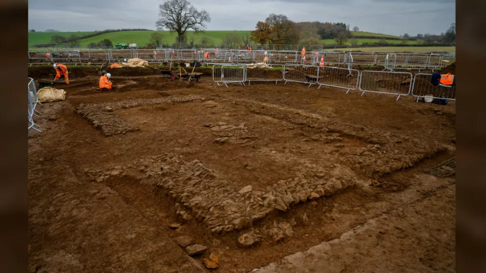 Walls of domestic building uncovered during the excavation of a Roman trading settlement, Blackgrounds.