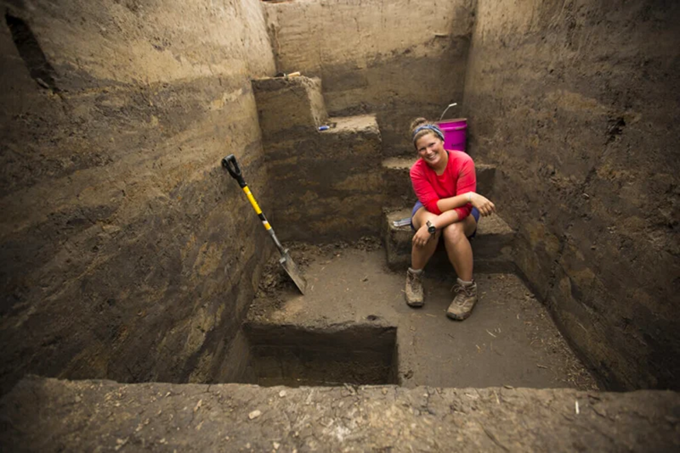 Archaeologist Caitlin Rankin conducting excavations at Cahokia Mounds State Historic Site.