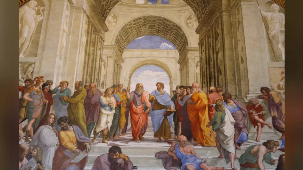 A depiction of the School of Athens, with Plato and Aristotle in the center, created by Raphael between 1508 and 1511. One idea is that the library in Alexandria was established to rival Aristotle's Lyceum.