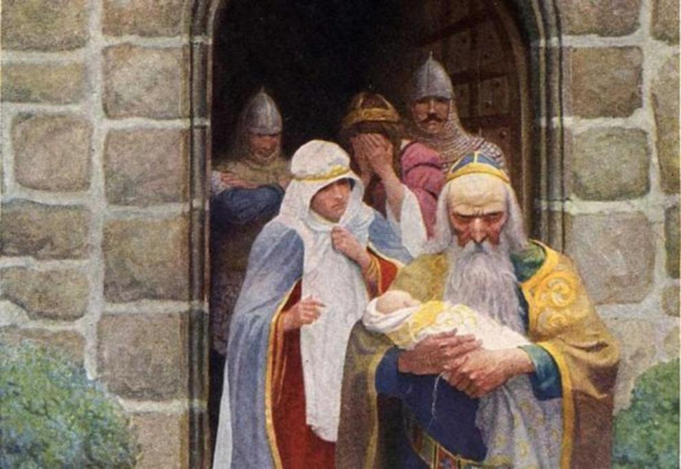 Merlin taking away the infant Arthur.