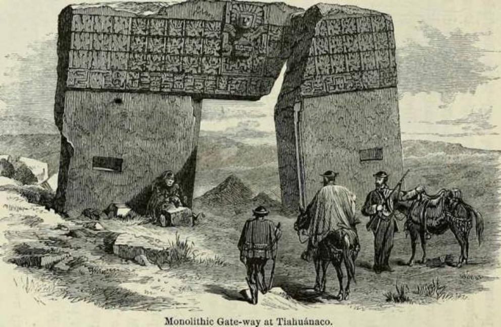 The Monolithic Gate of the Sun at Tiahuanaco in Bolivia, drawn by Ephraim Squier in 1877.