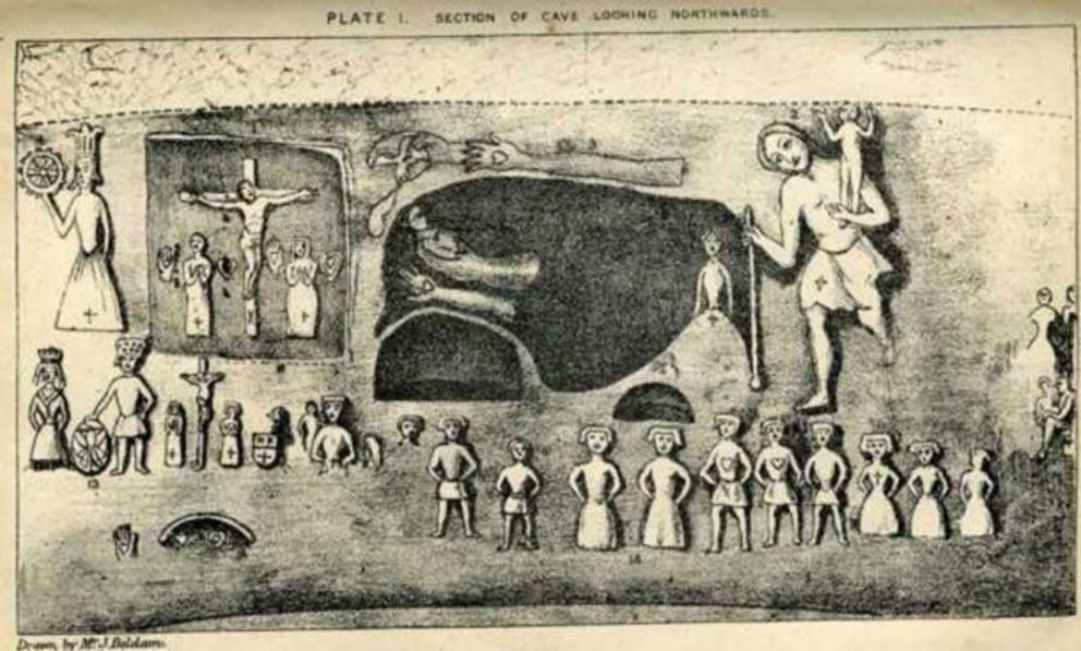 Plate I from Joseph Beldam's book The Origins and Use of the Royston Cave, 1884 showing some of the numerous carvings.