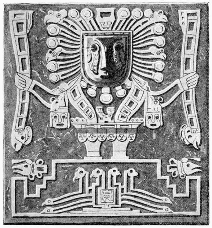 Detail of the so-called Sun God on the monolithic Tiahuanaco Gate of the Sun in Bolivia.