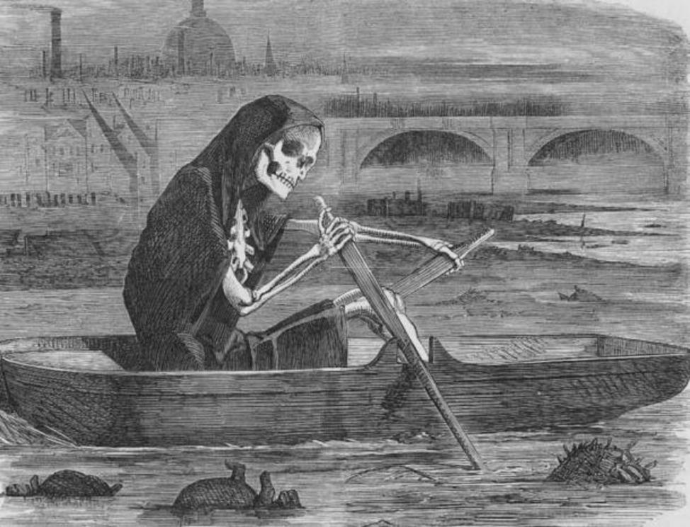 Death rows on the River Thames claiming the lives of victims who have not paid to have the river cleaned up during the Great Stink of 1858 in London, England.