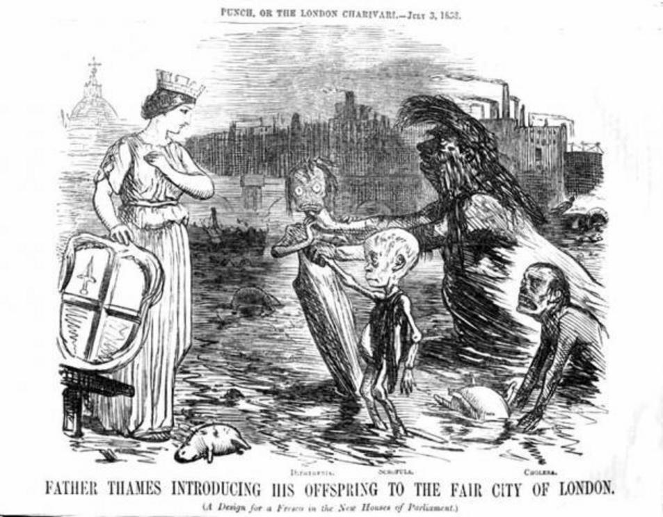 Father Thames introducing his “children,” diphtheria, scrofula and cholera, to the fair city of London.