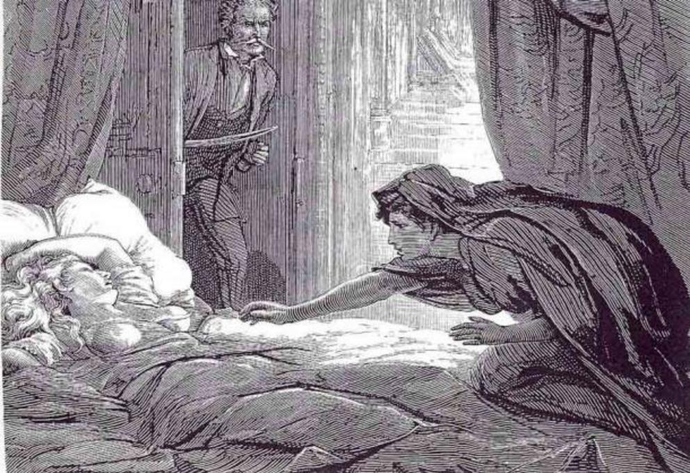 Illustration in Carmilla, the story of a vampiress by Joseph Sheridan Le Fanu.