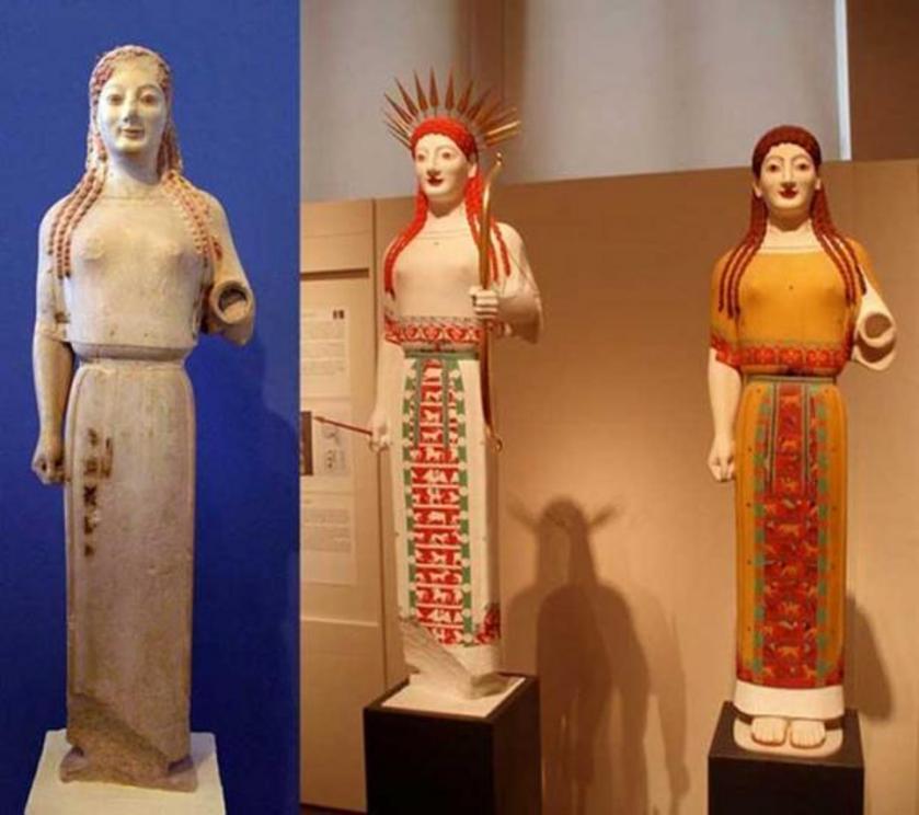 Left: ‘Peplos Kore’, circa 530 BC. Right: Reconstructed in polychrome as Athena by Brinkmann team