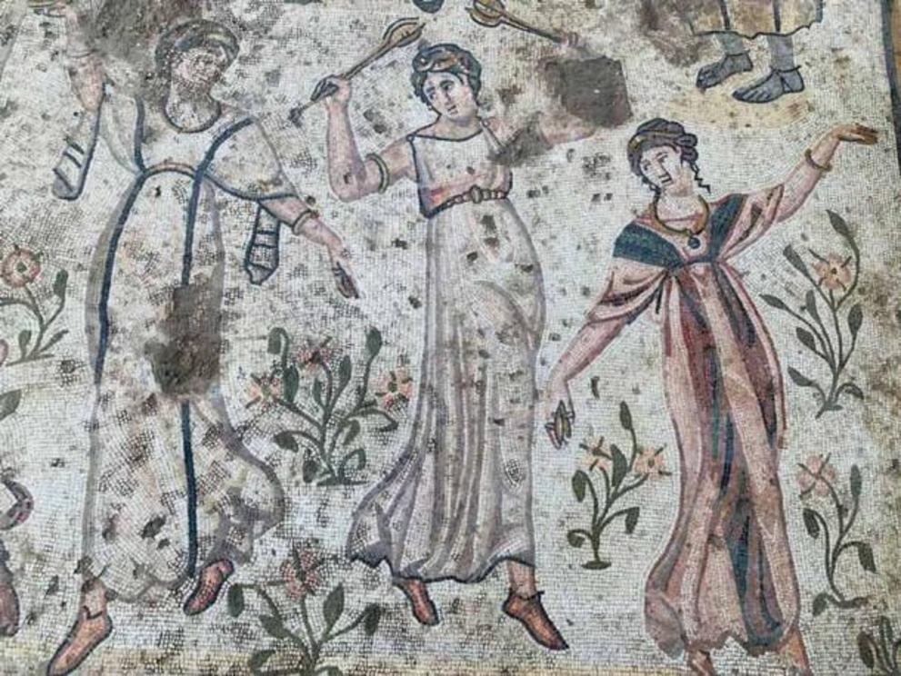 A close-up of the women dancing on the Roman mosaic discovered at the ancient city of Germanicia, Kahramanmara?, southern Turkey.