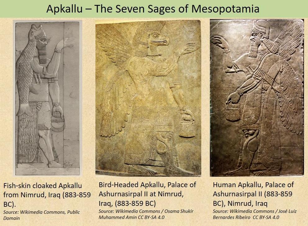 >Figure 7: The Apkallu or Seven Sages of Mesopotamia were depicted in the form of a fish-man, winged bird-man or a winged human.