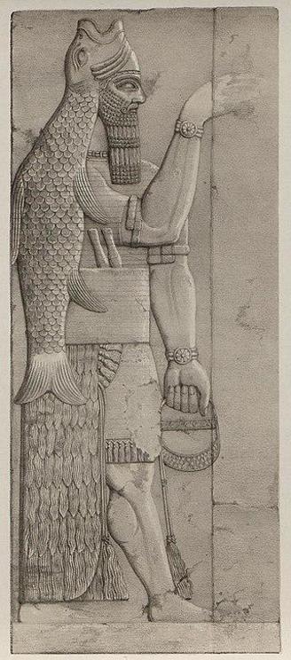 Figure 1: Drawing from an ancient bas relief depicting a fish-skin cloaked Apkallu from Nimrud, Iraq, 859 – 883 BC.