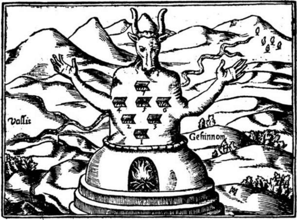 Depiction of the Moloch idol in Athanasius Kircher's Oedipus aegyptiacus in the Valley of Gehenna (1652)