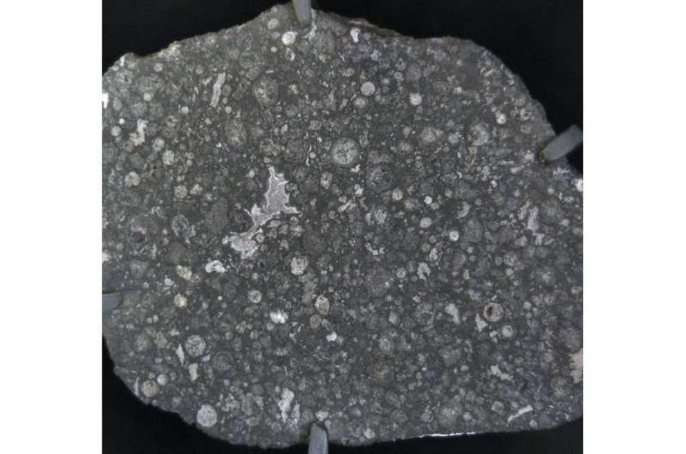 Most carbonaceous chondrites (like the Allende meteorite shown here) contain characteristic round grains called chondrules.