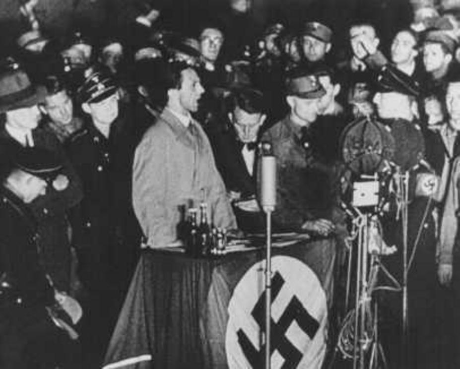 Joseph Goebbels speaks during book burning  Joseph Goebbels, German propaganda minister, speaks on the night of book burning. Berlin, Germany, May 10, 1933. (National Archives and Records Administration, College Park, MD)