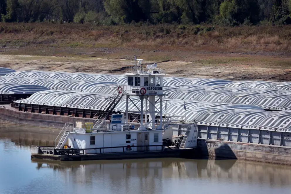 A barges stranded by low water along the Mississippi River in Rosedale, Mississippi, in October. 