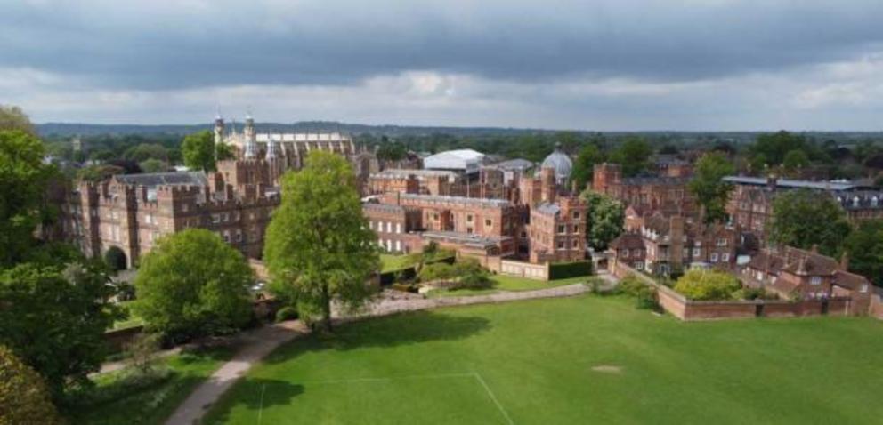 Aerial view of Eton College, whose five-star facilities include a Natural History Museum, cutting-edge laboratories, a rowing lake, cricket pitches, football and rugby fields, state-of-the-art theater, and the historic Eton College Chapel whose constructi