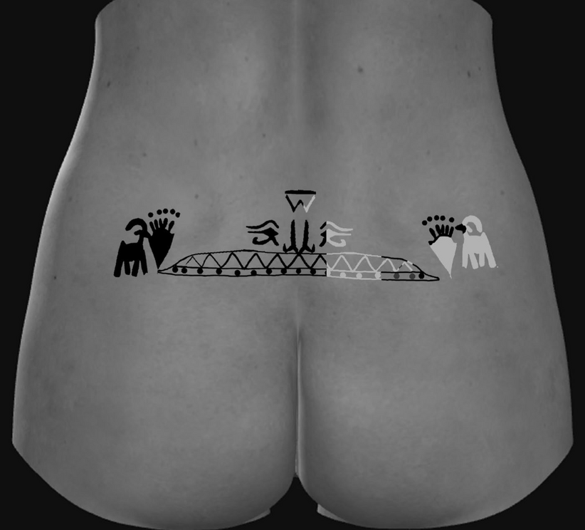 Reconstruction of the ancient tattoos found on one of the mummies from Deir el-Medina using infrared photography.